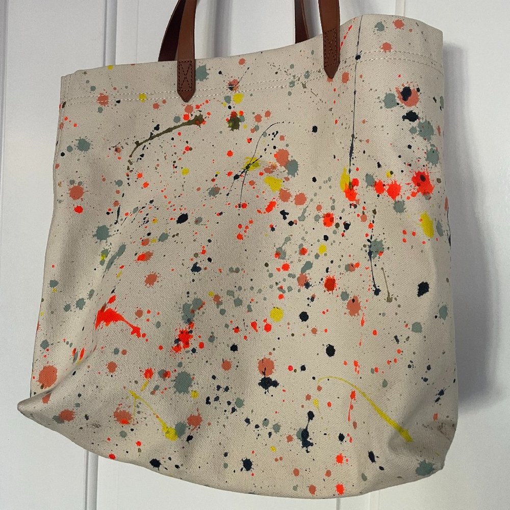 Madewell paint splatter canvas tote bag with real leather straps